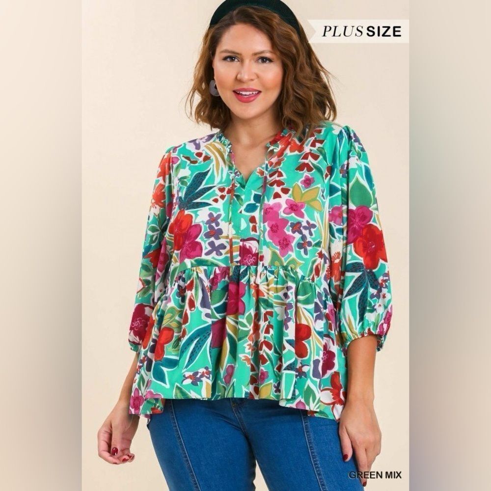 Umgee Vibrant Floral Blouse - Green and Red Small
